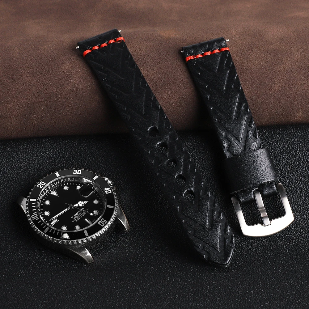 

Ремешок для часов из воловьей кожи ручной работы, 20 мм, черный мужской ремешок с тиснением, браслет из натуральной кожи в винтажном стиле, красная строчка