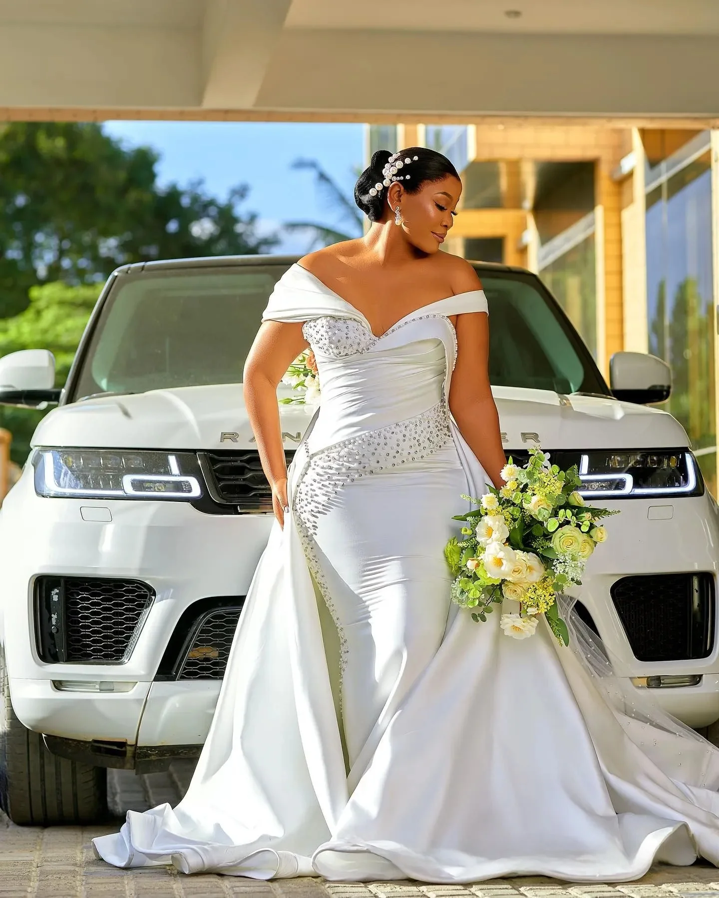 Personalizado plus size sereia vestido de casamento vestidos de noiva para noiva trem destacável fora do ombro frisado pérolas strass