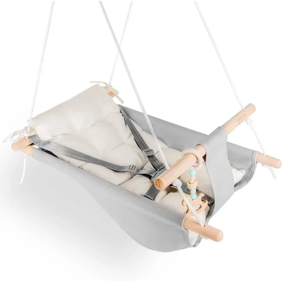 Indoor Outdoor Canvas Hammock Swing for Baby to Toddler with Comfortable Seat Macaroon Wooden Toy Adjustable 5 Point Harness 3