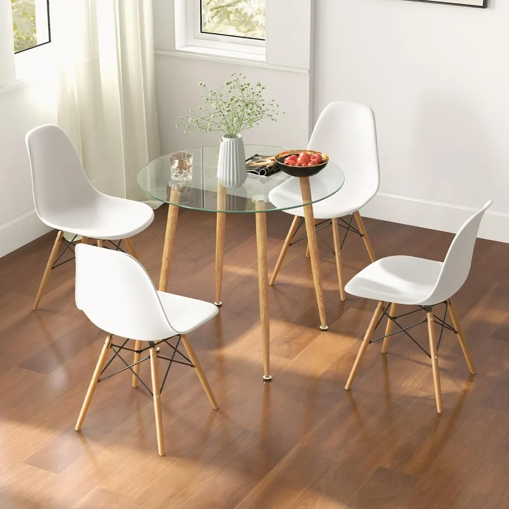 5-Piece Dining Table Set for 4, Kitchen Table Set with Seat, Solid Wood Legs, Metal Frames & Tempered Glass Tabletop, R