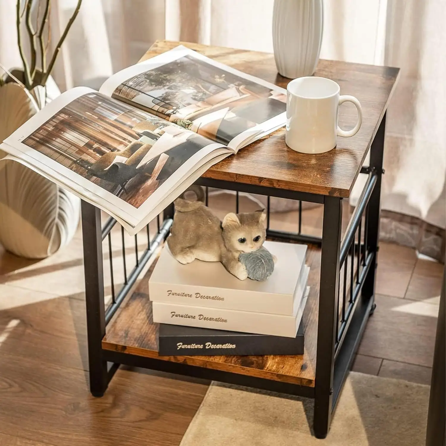 End Table, Industrial Side Table with 2-Tire Storage Shelf, 180LBS Mini Fridge Stand with Adjustable Feet