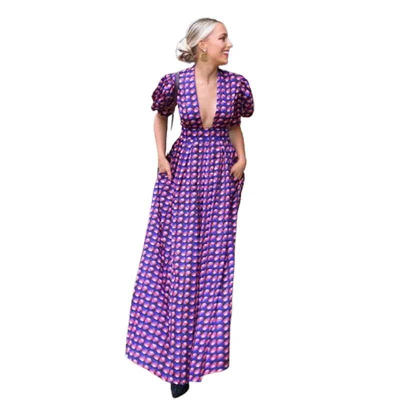 Spring and summer new style elegant deep V-neck short sleeved printed dress cross-border French women's clothing