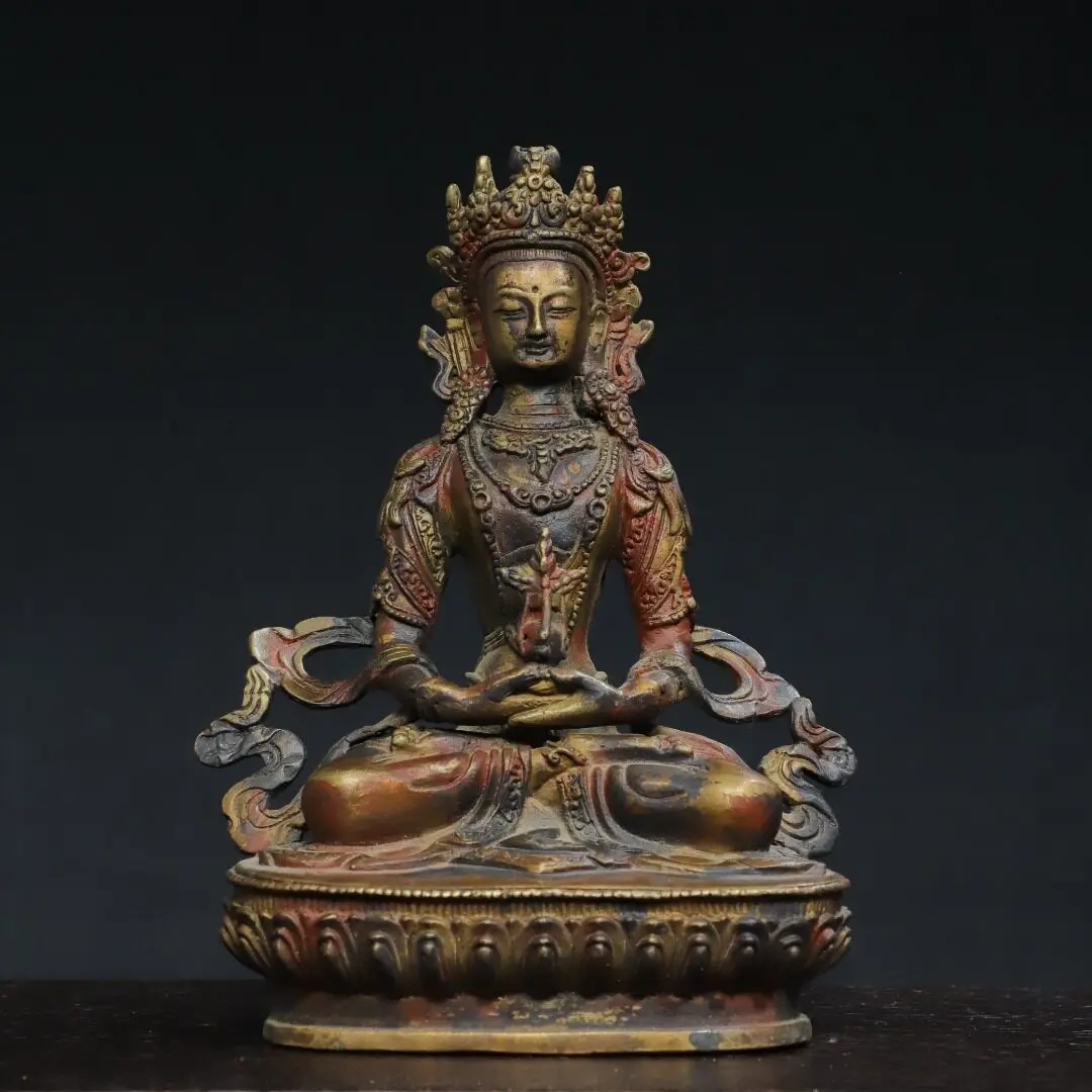 Amitayus Buddha Tibetan Pure Copper Carved Antique Home Temple Worship Decor Desk Ornament