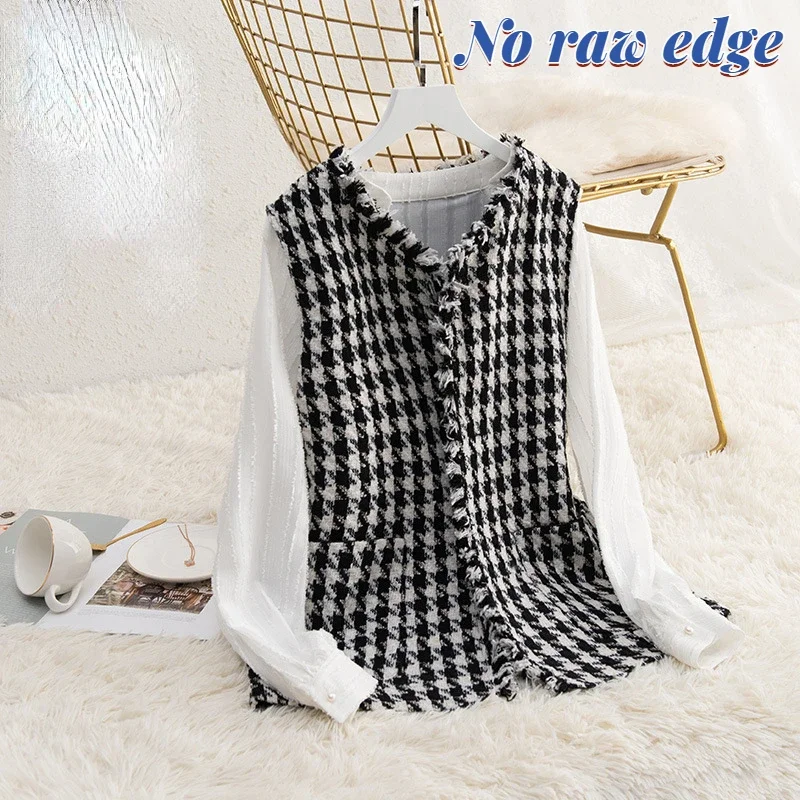 

New Fashion S-L Women Vest Autumn Spring Thin Loose Waistcoat Plaid Female Sleevess Cardigan Outwear O-Neck Check Tweed Vests