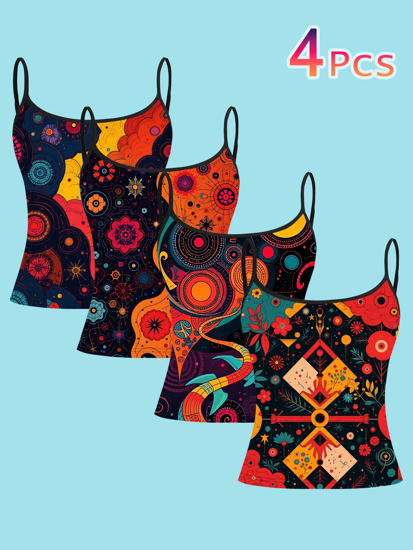 4-Piece Set of Ethnic Bohemian Mandala Print Camisole Tops for Women, Black Base with Warm Red and Orange Geometric Patterns, Slim Fit Spaghetti Strap Tops