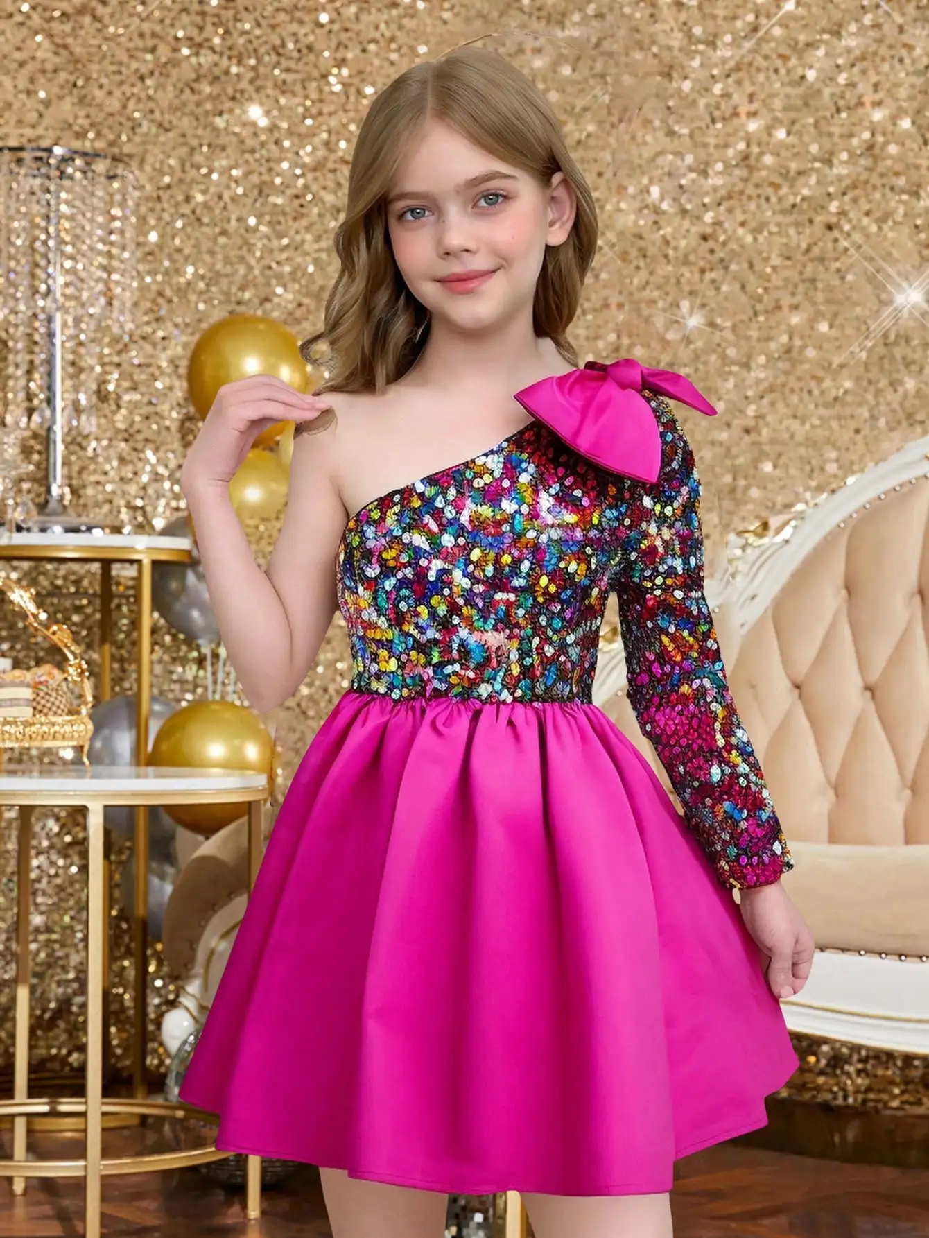 

One-Shoulder Sequin Patchwork Dress with Bow Detail, Fuchsia Skirt, Long Sleeve