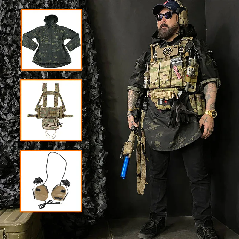 

3pcs tactical hunting suit With Communication headset MK3 Military Chest Mount Dark Night Soft Shell Jacket for Airgun paintball