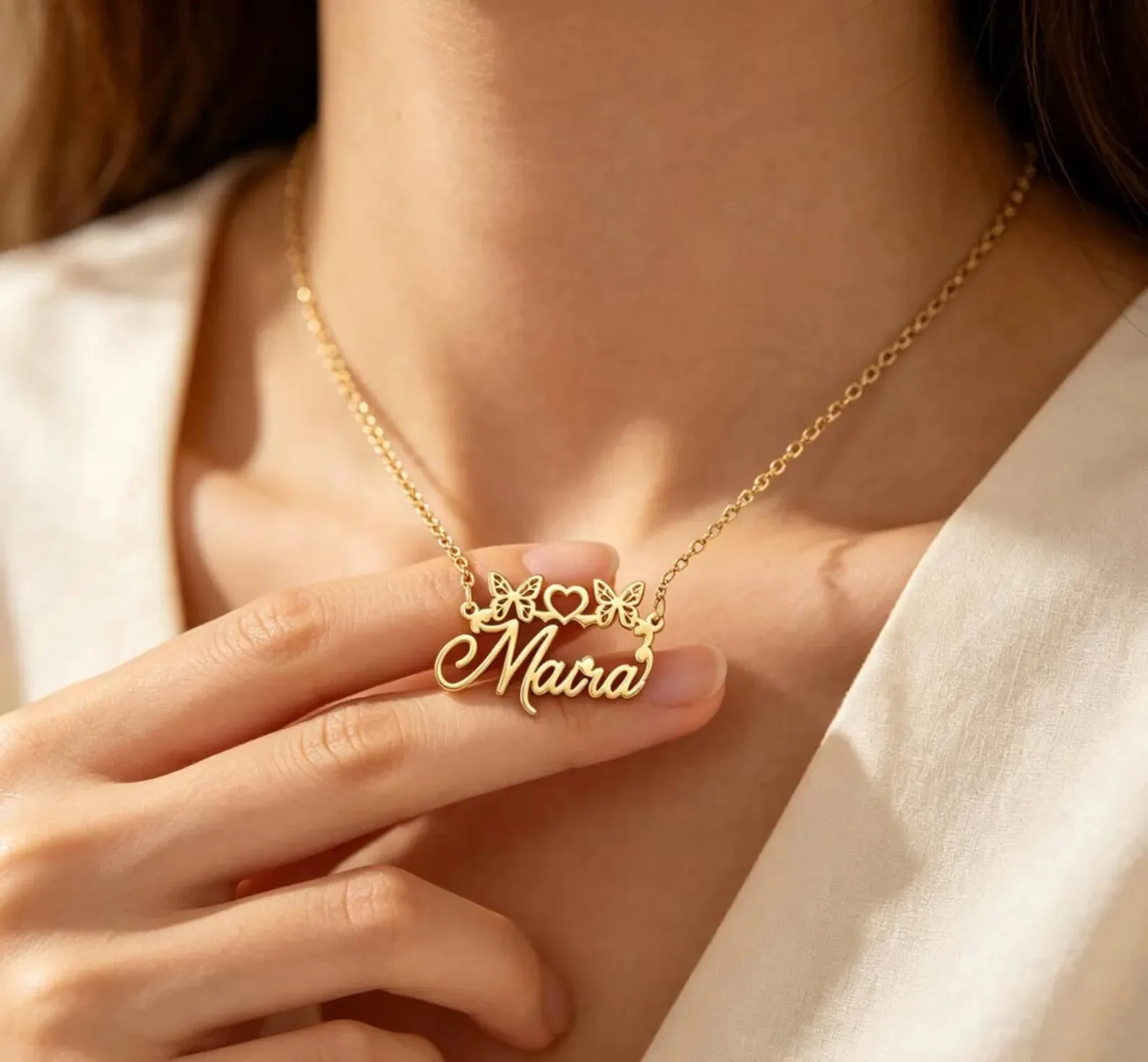 Personalized Butterfly Heart Custom Name Necklace Engraved Script Name Pendant Gold Color Romantic Birthday Gift For Her