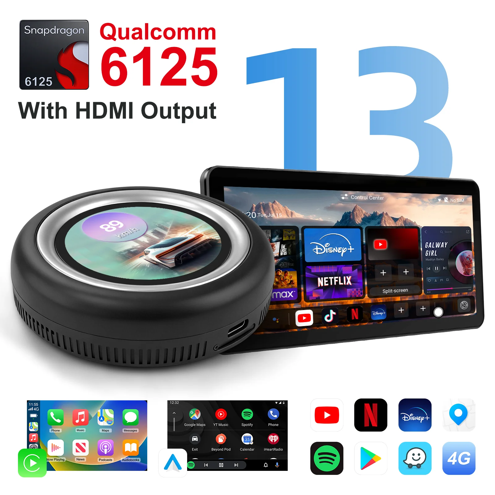 Ezonetronics CarPlay AI Box for both Wired & Wireless CarPlay,support for BMW Android 13, 8+128GB,Dual WiFi, 4G Sim, HDMI output