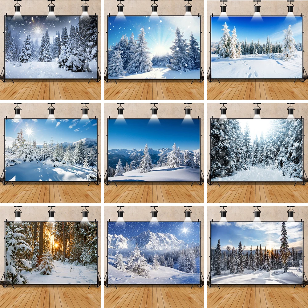 Laeacco Dreamy Winter Sunset Glow Snow Pine Trees Forest Backdrop Family Party Photography Backdrops Photo Studio