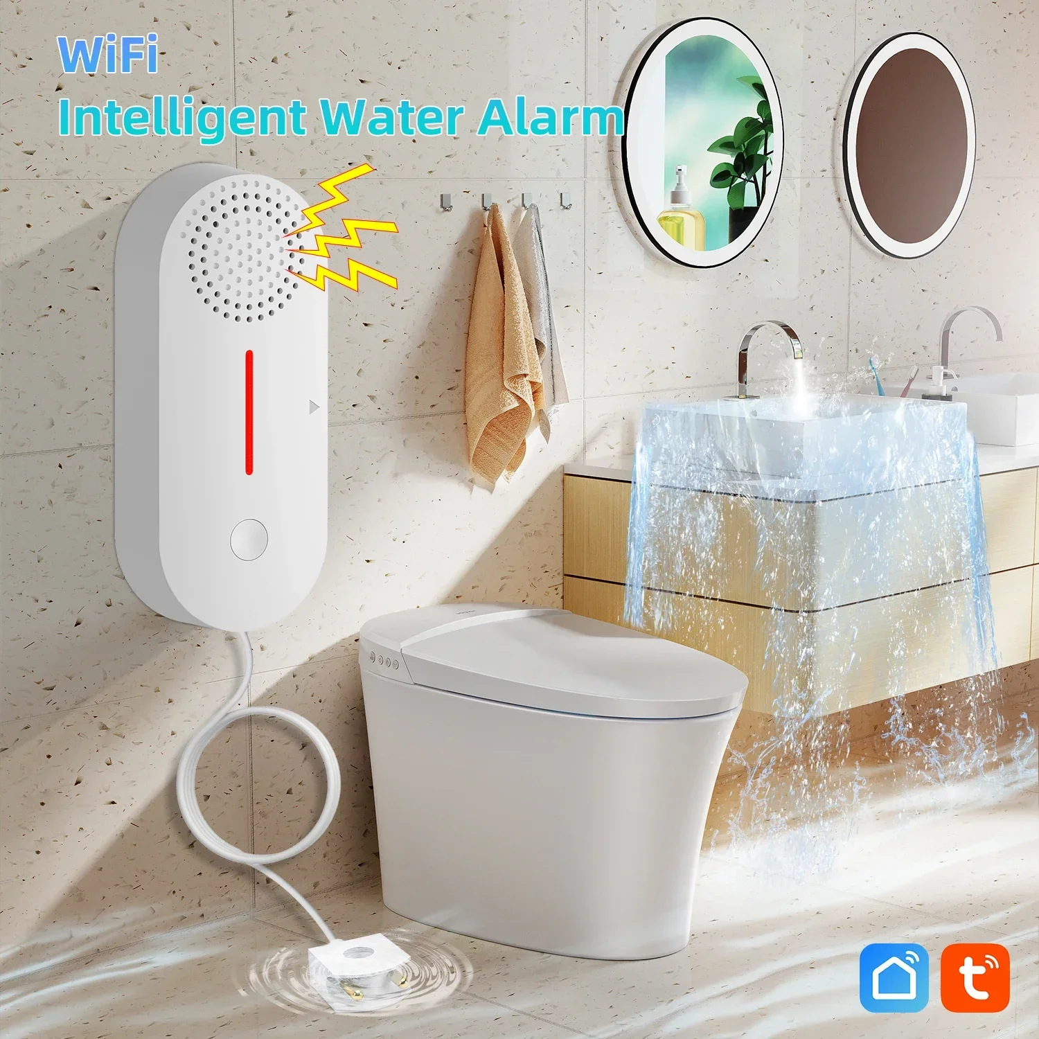 Capteur de fuite d'eau WiFi intelligent, détecteur de niveau de débordement d'eau, système d'alarme sonore de sécurité, capteur de fuite d'inondation, moniteur à distance