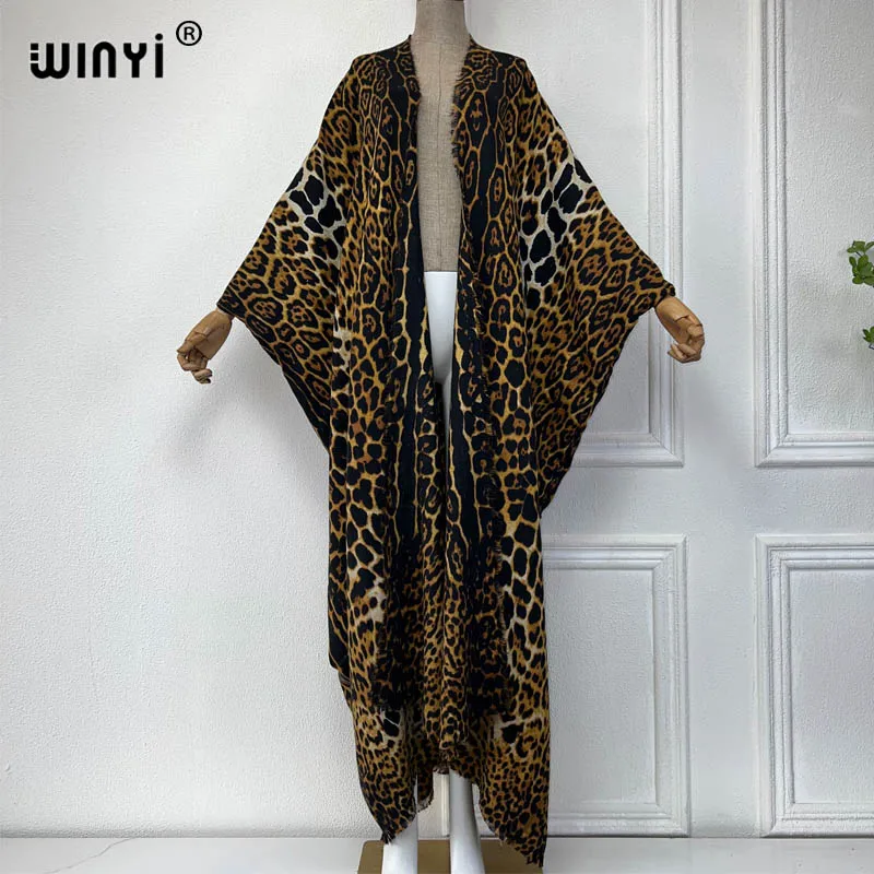 WINYI 2023 new winter clothes for women Leopard print Africa Luxury Long Fur Loose dress Thick Warm long down coat winter abaya