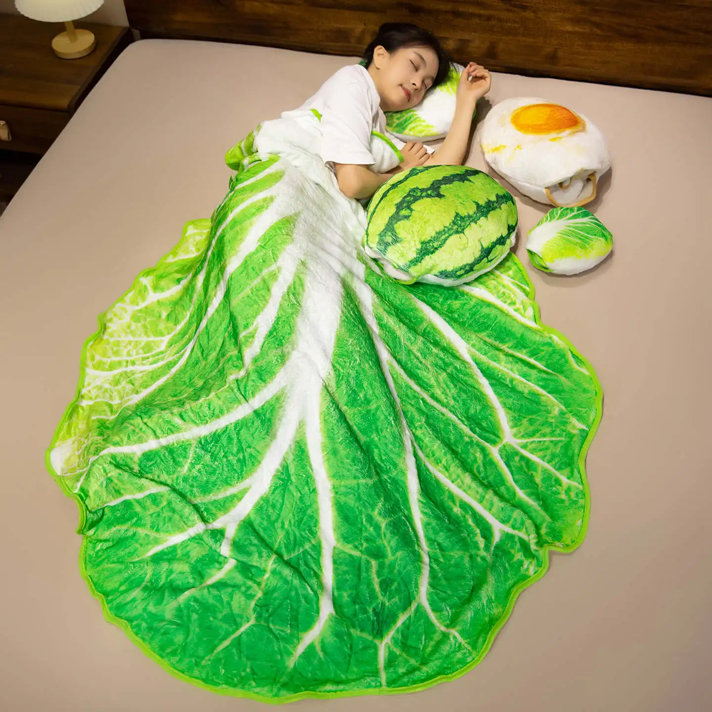 3D Lifelike Plush Chinese Cabbage Watermelon Blanket Simulation Stuffed Poached Egg Throw Pillow with Blanket 2 In 1 Cushion