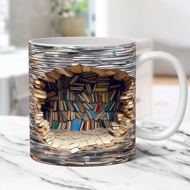 Magic 3D Abyss Mug Illusion Book Mug,3D Printed Coffee Cup with Floating Books Design Home Decor Optical Illusion Mug