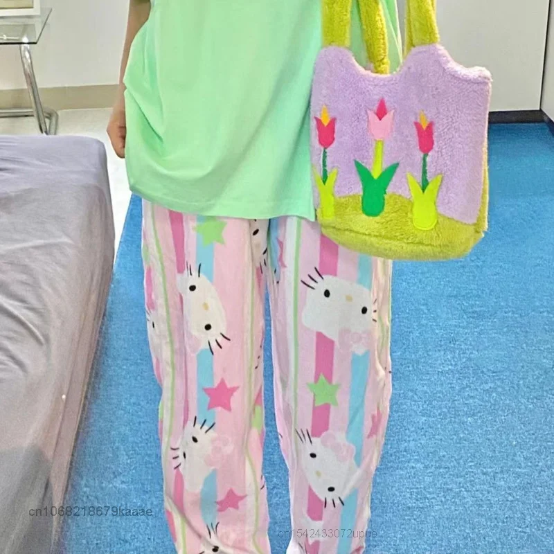 Sanrio Hello Kitty letnie spodnie luźna cienka odzież damska Harajuku spodnie od piżamy kobiet na co dzień spodnie z szerokimi nogawkami Y2k spodnie Kawaii