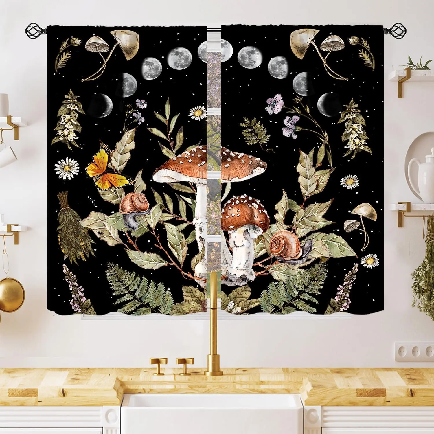 Moon Phase Mushroom Curtain 2 Panels, Fly Agaric Snail Butterfly Fern Floral Star Black Print, Drapes for Bedroom Witchy Curtain
