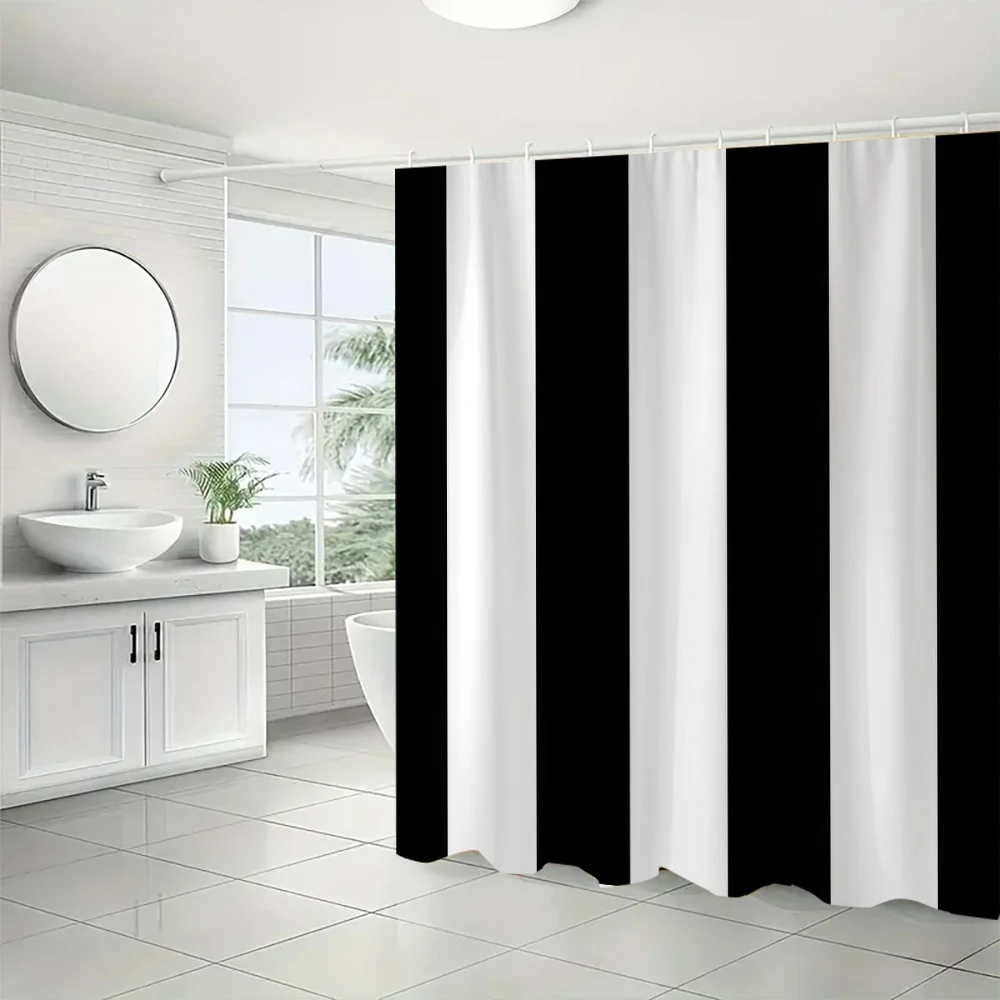 1pc Modern Stripe Bathroom Privacy Panel | Elegant Design, Home Decor, Stylish Vertical Pattern, Black and White Chic Shower Cur