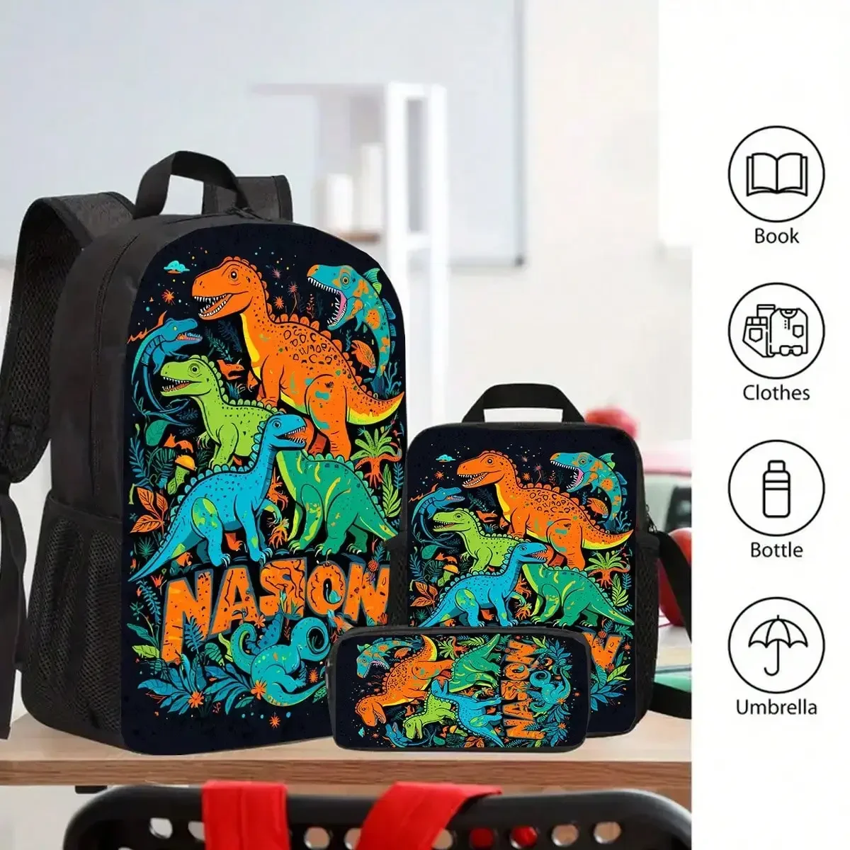 3pcs Cartoon Dinosaur Backpack, Large Capacity 17-Inch Casual Backpack Laptops With Bottle Holder - Lightweight And Durable School Bag, Includes A Lunch Bag And Pencil, Autumn Gifts And Home Decor, Unisex Work
