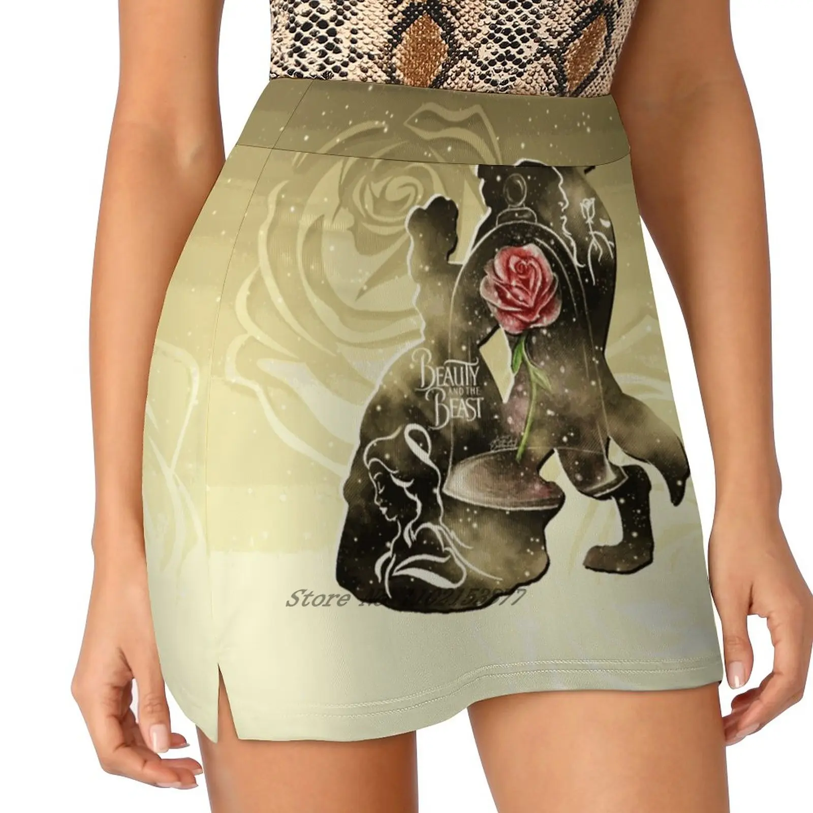 Beauty - Beast - Gold Red Rose Couple Romantic Magic Enchanted Women's Fashion Sporting Skirt With Pockets Tennis Golf Running