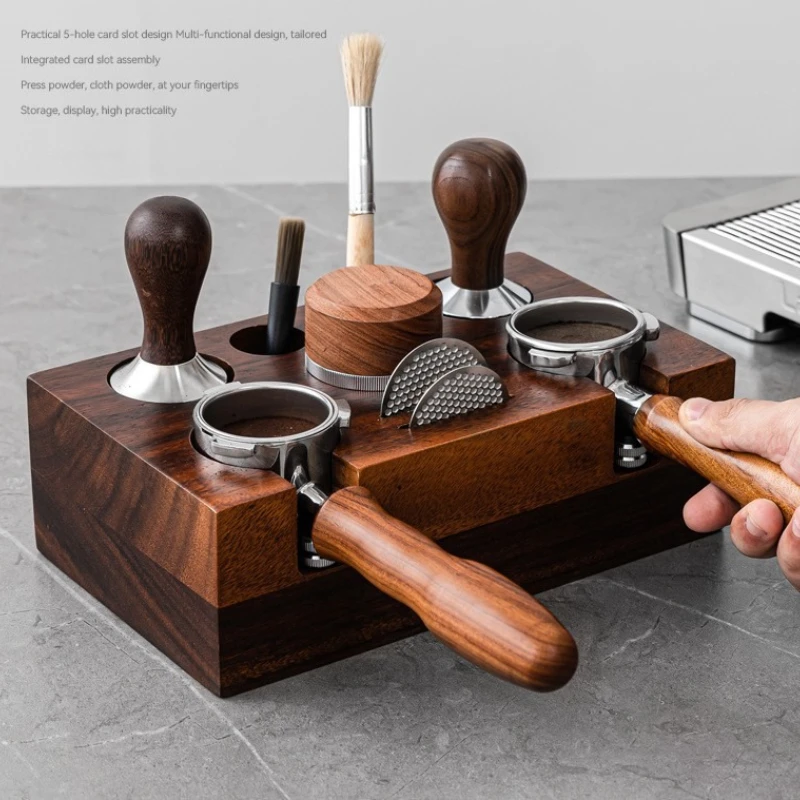 JUSTINLAU 51-53MM Double Hole Coffee Portafilter Holder Wood Coffee Tamper Distributer Puck Screen Organizer Holder Barista Tool
