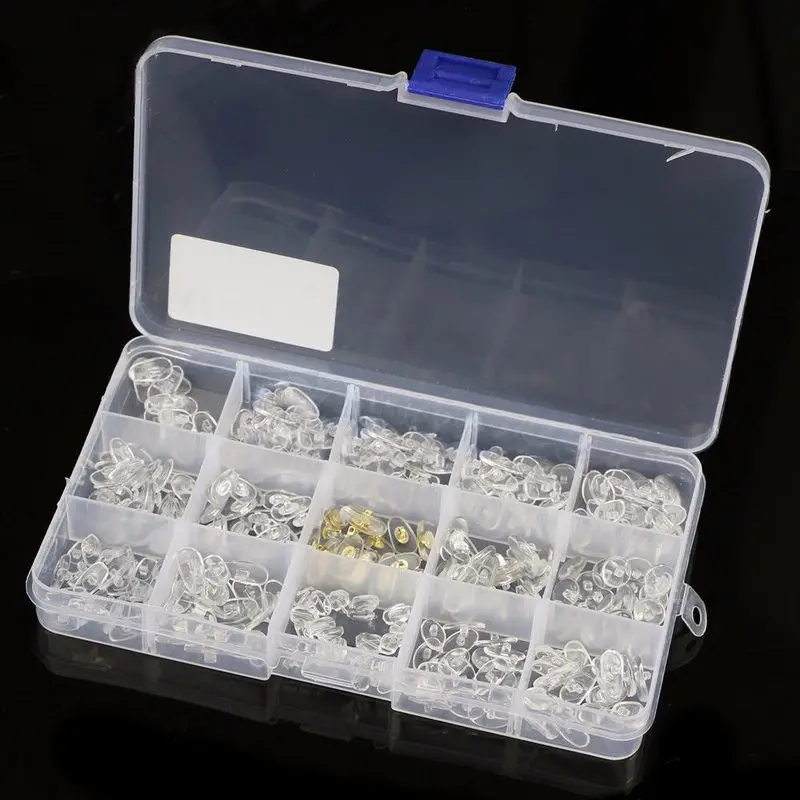 1 صندوق 15 نوعًا من طقم إصلاح وسادة الأنف للنظارات - 300 قطعة من وسائد الأنف البلاستيكية للنظارات/النظارات الشمسية بأحجام وأشكال متعددة