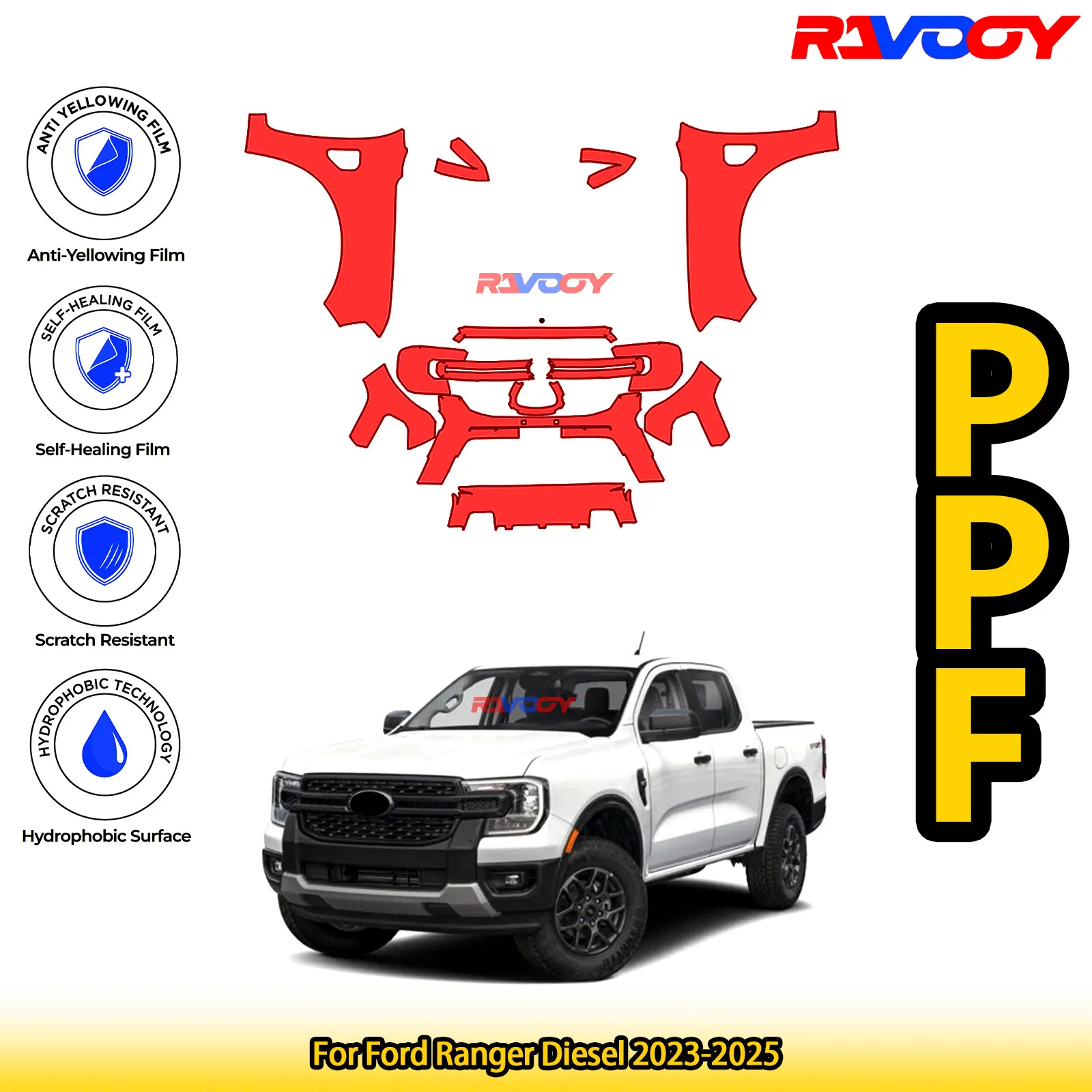 

For Ford Ranger Diesel 2023-2025 Glossy Matte Black Precut front PPF Kit Paint Protection Film
