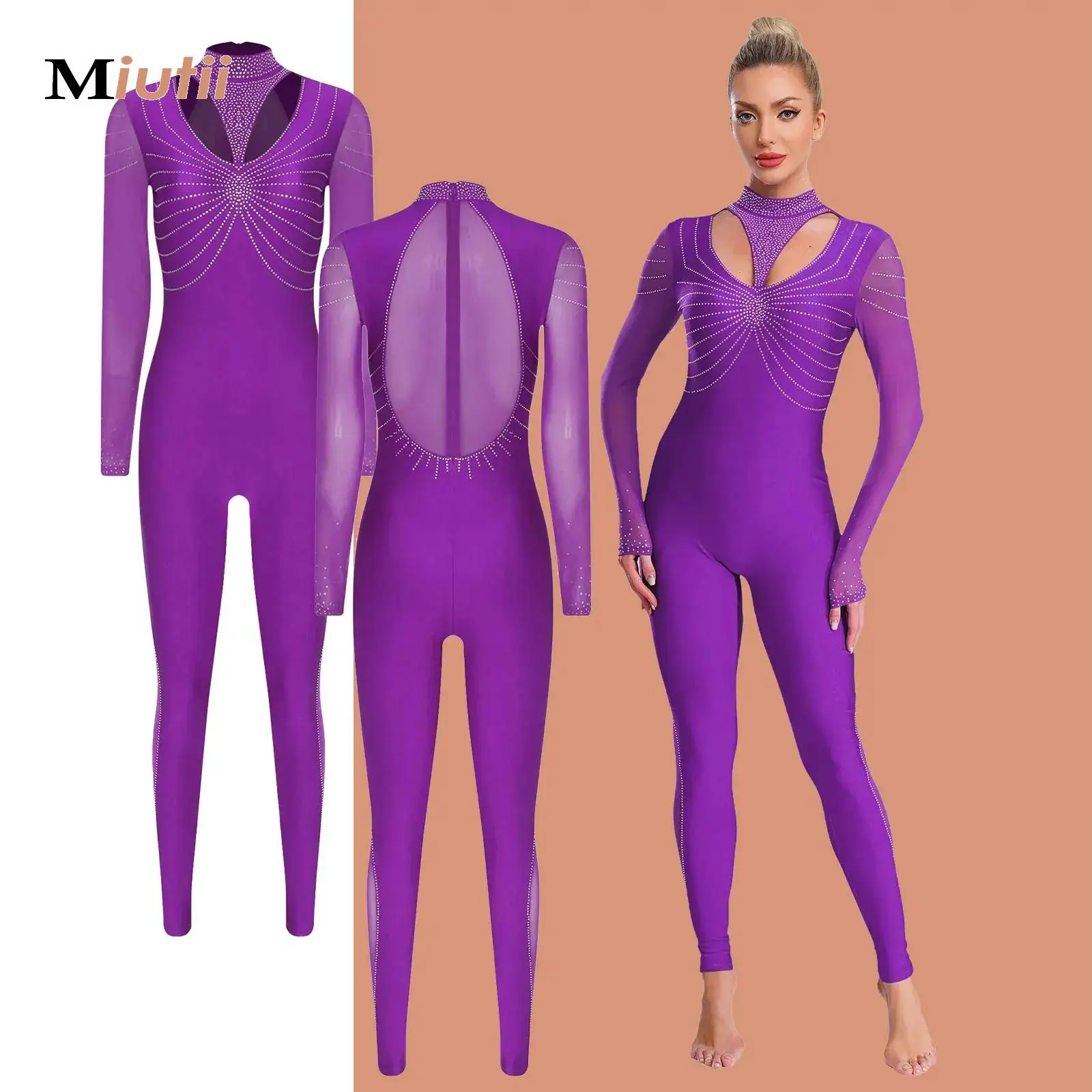 

Womens Artistic Gymnastics One-piece Suit Long Sleeve Rhinestone Full Body Unitard Ballet Bodysuit Jumpsuits Practice Dancewear