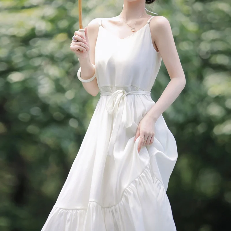 Waist Slimming White Suspender Skirt2024Summer New Tencel Lace-up Dress