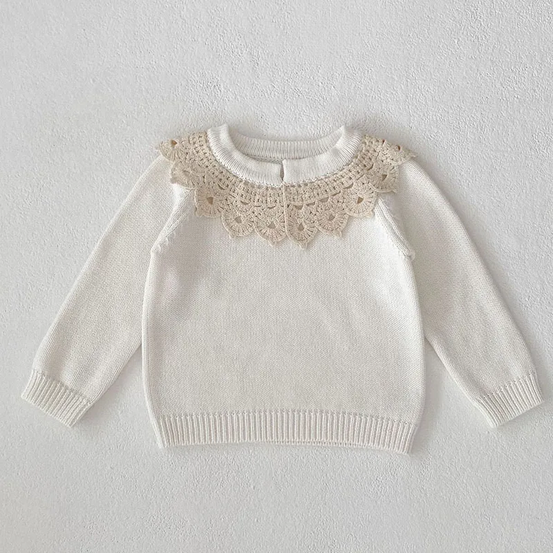 

2024 New Autumn Newborn Baby Girls Sweater Long Sleeved Knitted Lace Splicing Toddler Baby Girl Knitting Pullover Tops