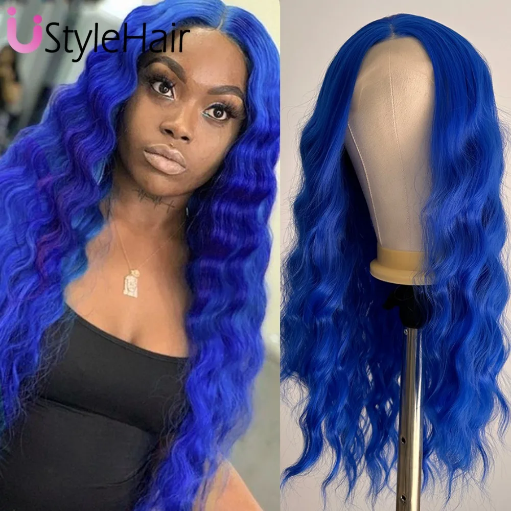 Perruque Lace Front Wig synthétique bleu royal, perruque ondulée longue adt, aspect naturel, perruque 03 utilisation, degré de chaleur, cosplay