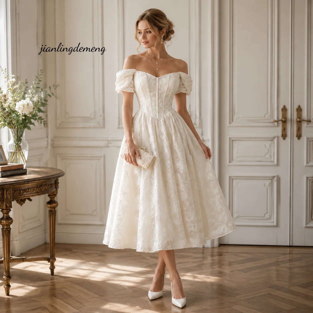 Korsett-Brautkleid mit Puffärmeln, schulterfrei, Sweetheart-Ausschnitt, A-Linie, Spitze, Teelänge, für den Standesamt, 2026, individuell anpassbar