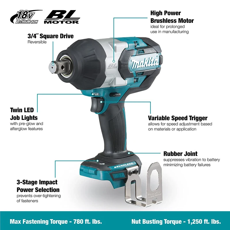 Makita DTW1001 Cordless Impact Wrench 18V Brushless High Torque 1050Nm Auto Repair Tower Crane Lithium Electric Wrench 19mm