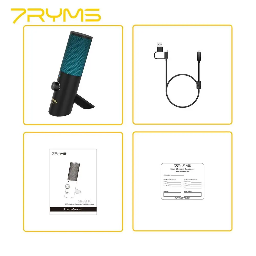 7ryms SR-AT10 rgb usb microfone para youtube tiktok desktop cardióide condensador podcast microfono gravação streaming microfones