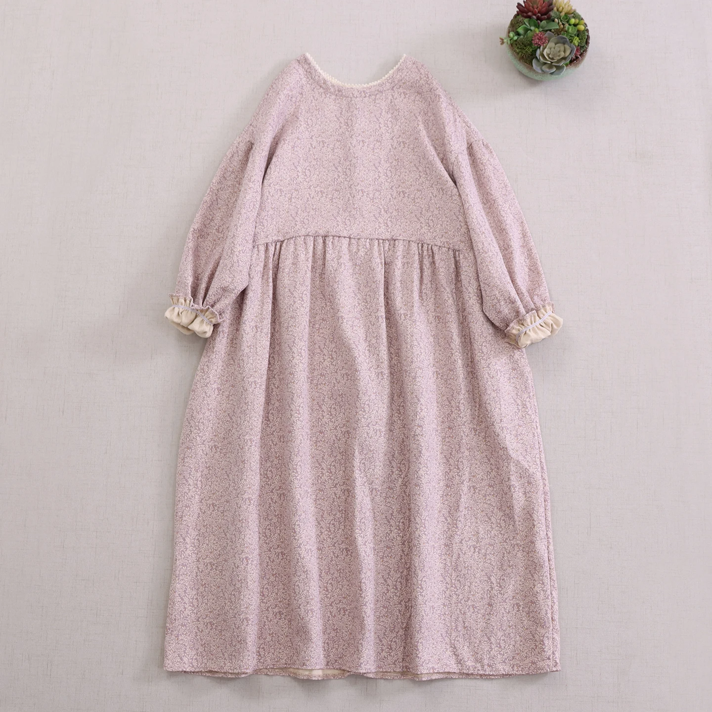 Abito a trapezio in cotone stampato floreale vintage giapponese Mori Girl Abito longuette retrò allentato casual autunno o-collo a maniche lunghe