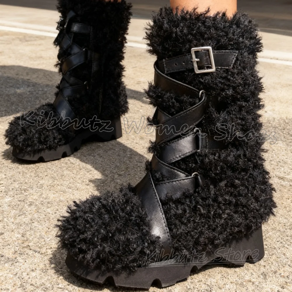 

Ботильоны с меховой платформой, зимние теплые роскошные элегантные лаконичные модные новые женские туфли с пряжкой на ремне и круглым носком на толстой подошве, новинка