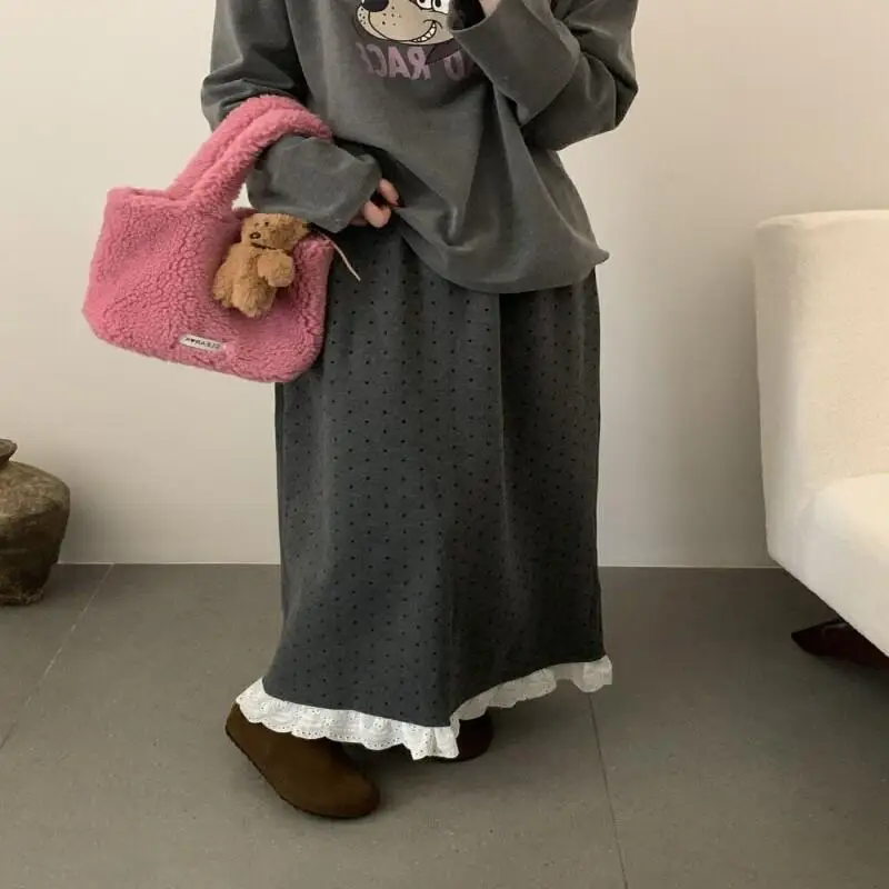 Gonna da donna Autunno e Inverno Gonna a pois in pizzo Donna 2025 Inverno Nuovo stile Gonna dritta in lana ispessita vintage in pile