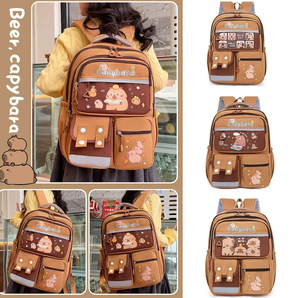 

Large Capacity Capybara Backpack Nylon Multi Pocket Cute Animal Bookbag Adjustable Strap Korean Style Student School Bag