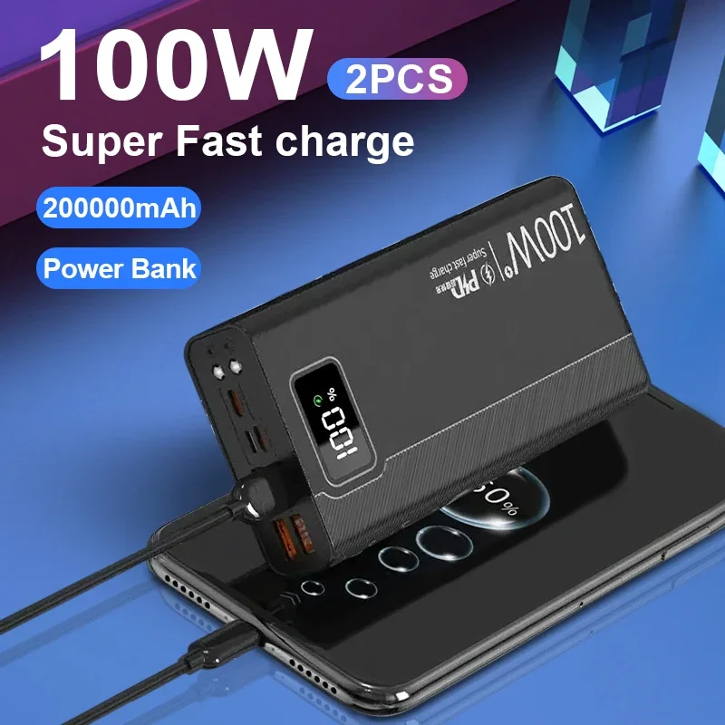 2PCS 100W Power Bank 50000mAh 4 USB Super Fast Charging Portable Powerbank for Huawei iPhone 14 Xiaomi External Battery Charger