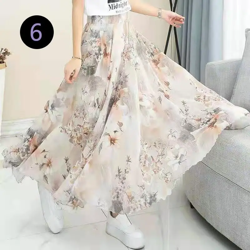 Summer New Elegant Fashion Aesthetic Sweet Gentle Young Style Prairie Chic Casual Elastic Band Printed Floral Long Skirt Women