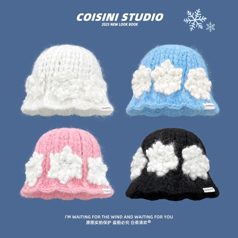 

Новые милые вязаные панамы ручной работы с нашивкой в виде снежинок, синие вязаные панамы для женщин, зимние путешествия, универсальная теплая кепка для бассейна