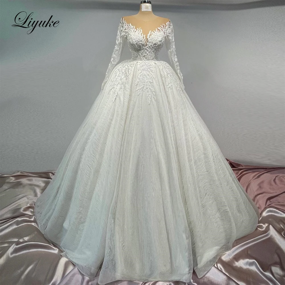 

Liyuke Elegance Illusion Neck A-Line Wedding Dress Beading Pearl Lace Vestido De Noiva Full Sleeves Bride Gowns