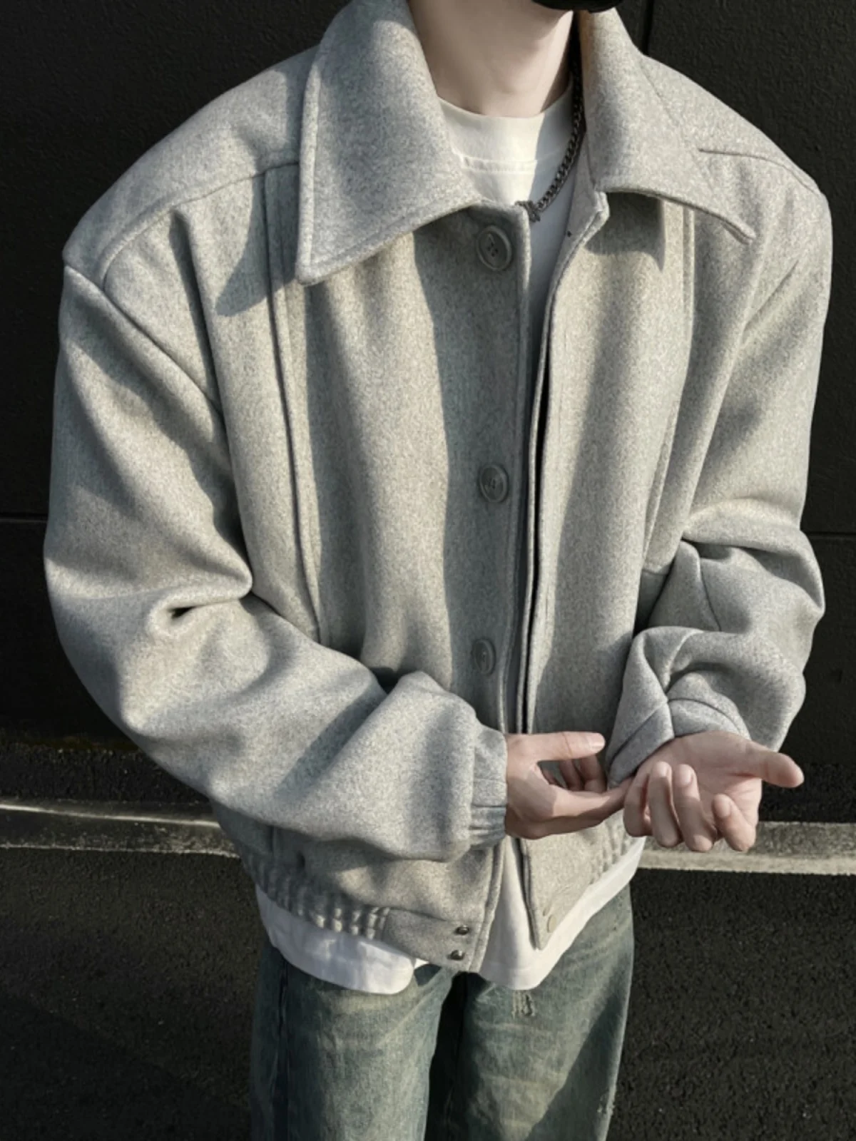 

American Sle Thiened Woolen Jaet ort Length Collar up for Men Autumn Winter Cotton Coat Warmth Youth Faion Loose Fit