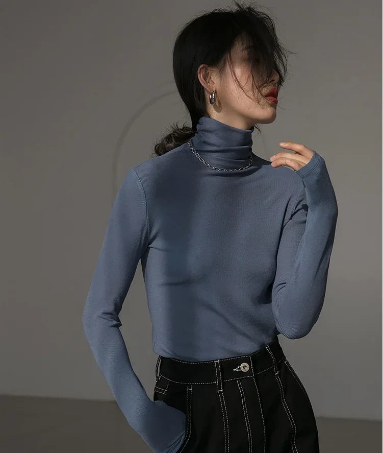 

Six-color pile turtleneck elastic bottoming shirt female autumn and winter black coffee apricot sanding long sleeve T-shirt