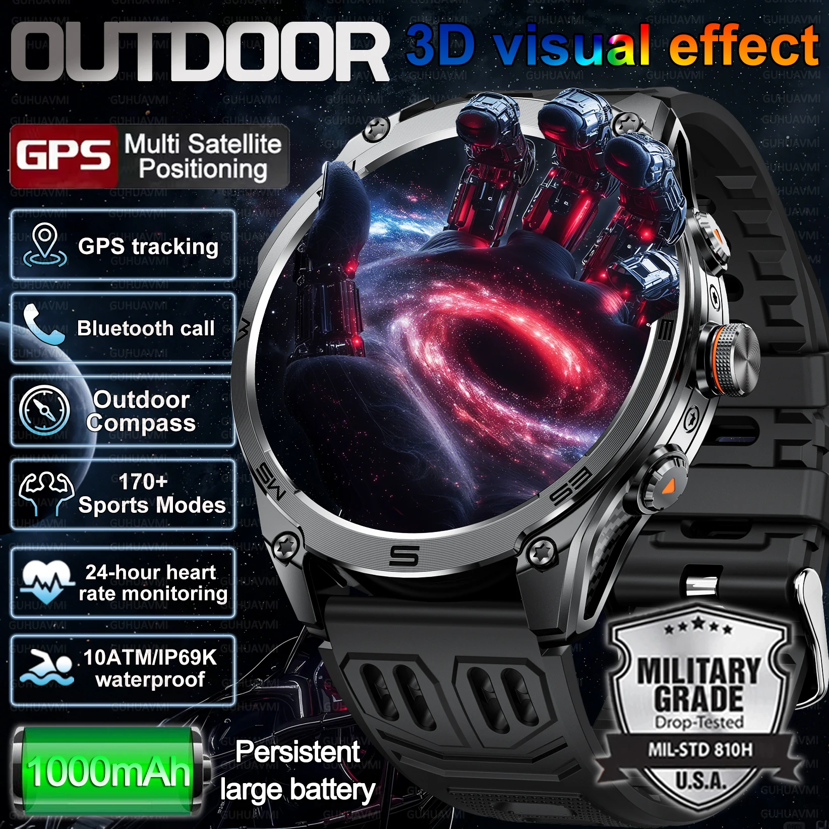 

2026 New Military 1.75inch HD SmartWatch Men 10ATM Waterproof Outdoor compass Sport Fitness GPS Tracker Call Bracelet 1000 mah