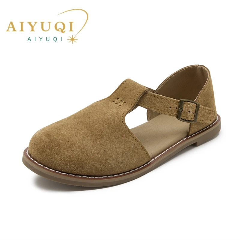 AIYUQI-Sandales rétro à l\'offre elles plates en cuir véritable conviviale ré pour femme, chaussures creuses, style Baotou romain, nouvelle