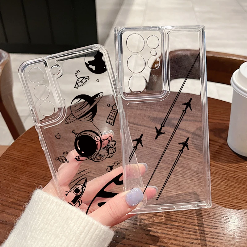 Przezroczyste etui z wzorem kreskówkowym do Samsung Galaxy A17 A14 A15 A55 A56 A54 A36 A26 S25 Edge S25 FE S23 Ultra S22 Plus, silikonowe.