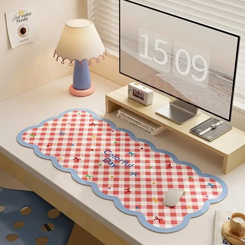 Large Pink Plaid Bow Desk Mat Non-Slip Waterproof VIKAMA Table Pad for Girls Student Study Room Decor