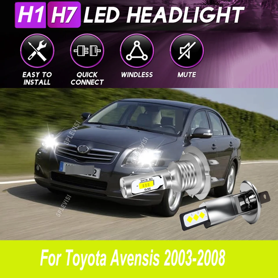 

9-16v H1 H7 Headlight LED Pure White Light High Low Beam 8000LM/Pair For Toyota Avensis 2003 2004 2005 2006 2007 2008