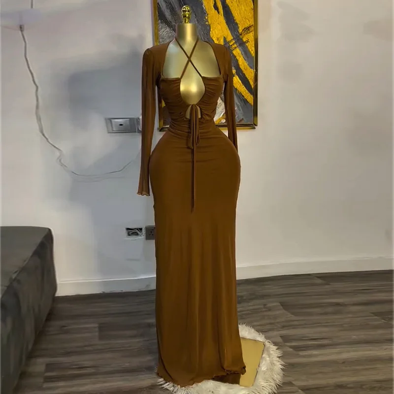 

Sweet and fresh lace-up square neck long-sleeved high-waisted thin dress fashionable simple and versatile temperament elegant ho