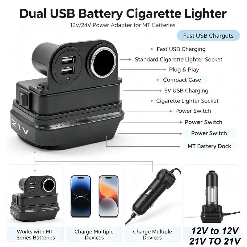 21V Battery Adapter Dual USB Cigarette Lighter Socket Power Inverter for Home Car Outdoor Multi Scenarios